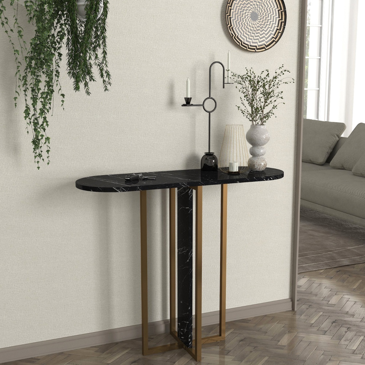 Masă decorativă Boressi din pal melaminat cu finisaj Black Marble – eleganță modernă pentru interior rafinat, 90 x 29.6 x 75 cm, UUORG60 - 1 | YEO