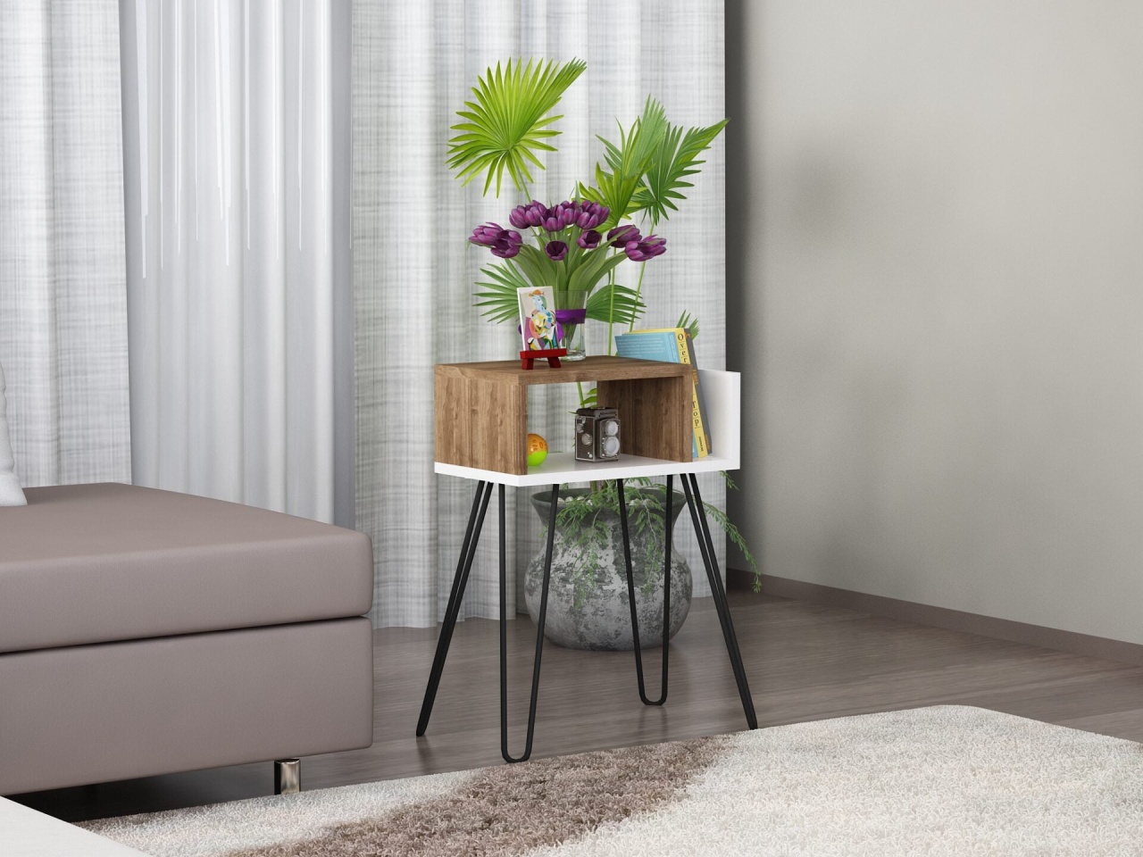 Noptiera/Masa laterala UnicUtil cu Design Modern, Alb, Maro 45 x 25 x 63 cm - 2 | YEO