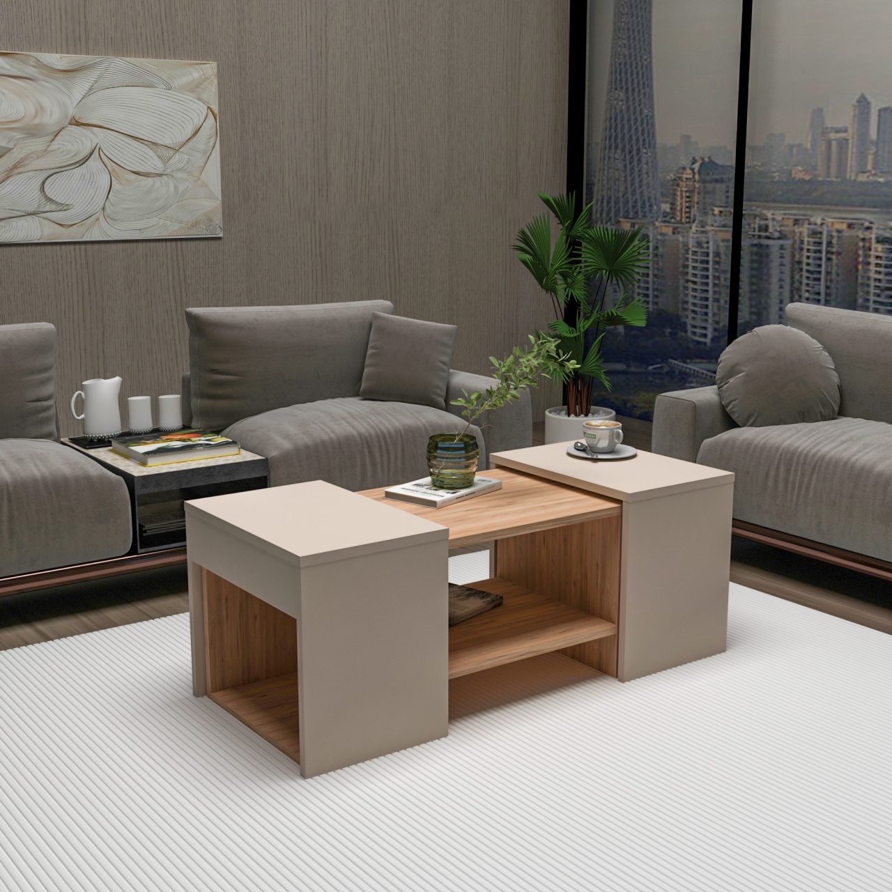 Set de măsuțe de cafea, Sartos Atlantic, UnicUtil, Pin Atlantic-Bej, Lățime: 100 cm, Înălțime: 37 cm, Adâncime: 40 cm - view 3