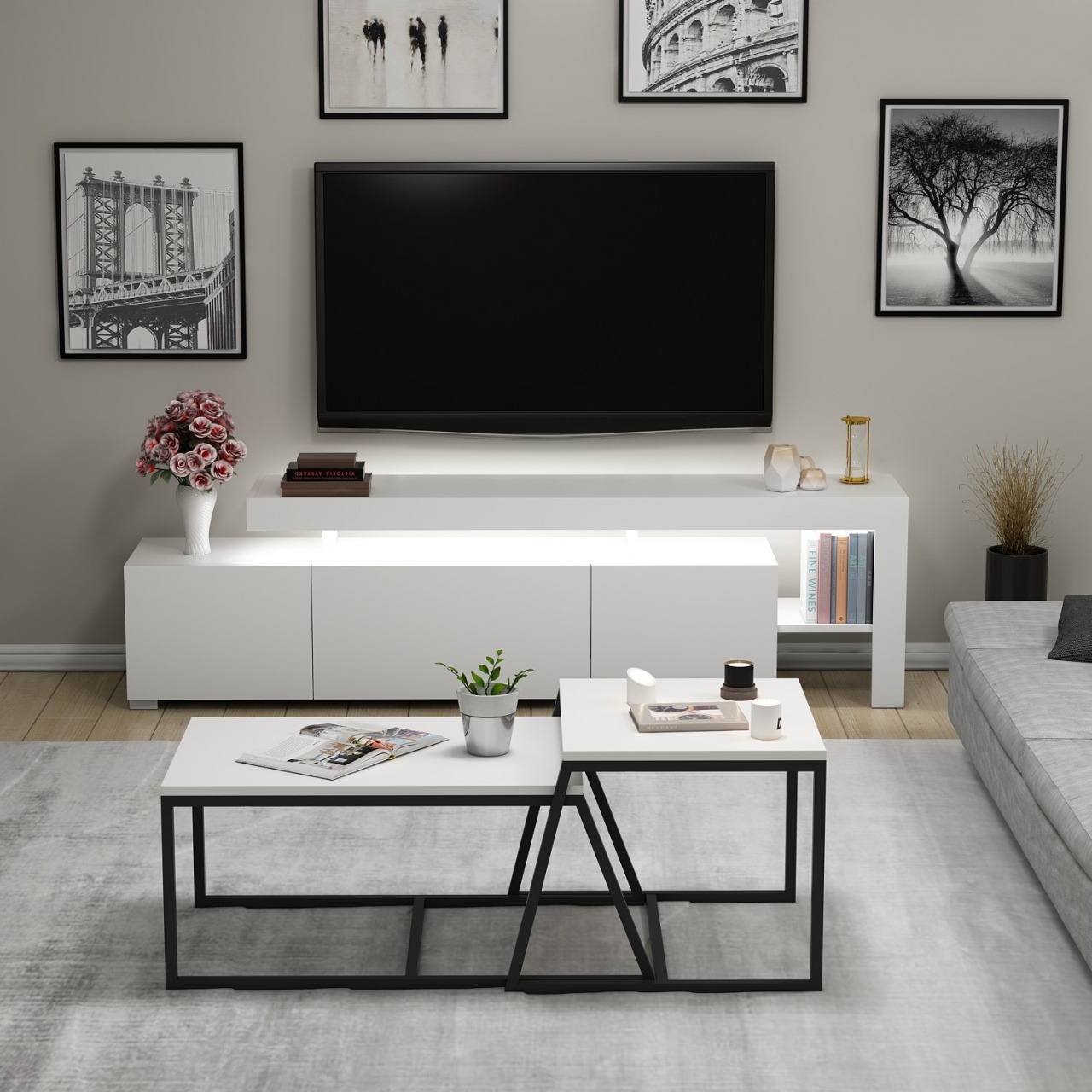 Set de mobilier pentru living, Beliz White, UnicUtil, Alb, Lățime: 192 cm, Înălțime: 53 cm, Adâncime: 37 cm - view 3