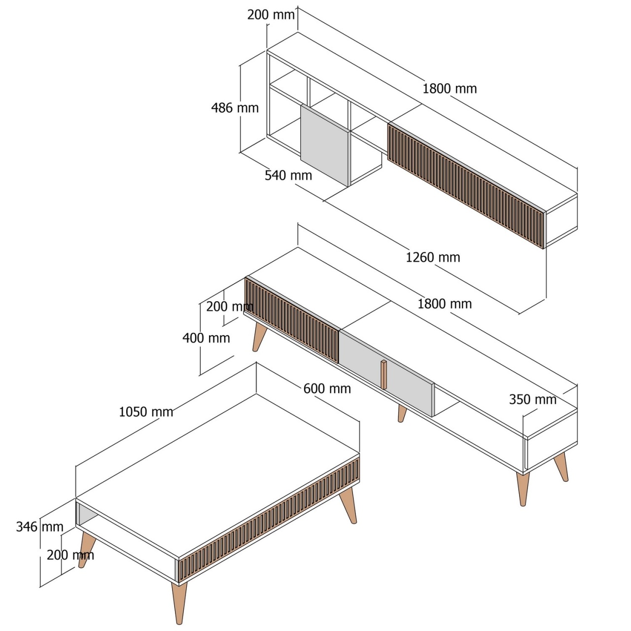 Set de mobilier pentru living, Milan Walnut, UnicUtil, Nuc-Travertin, Lățime: 180 cm, Înălțime: 40 cm, Adâncime: 35 cm - view 5