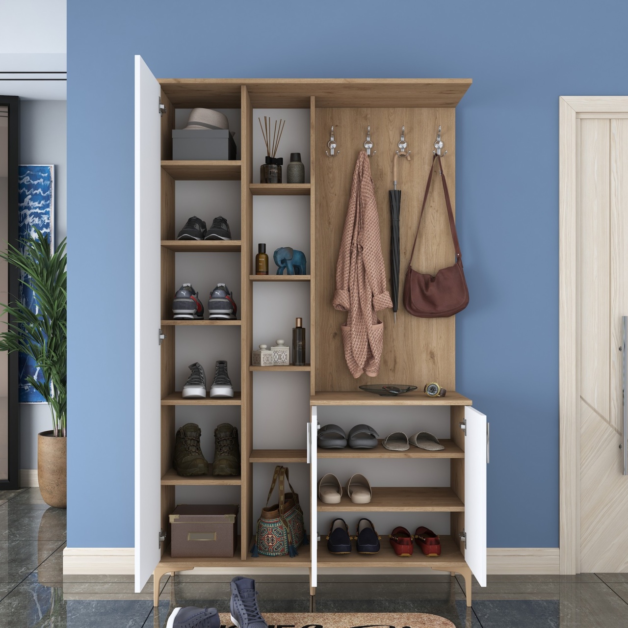 Stand de hol, Ea109 2695, UnicUtil, Nuc-Alb,Lățime: 120 cm, Înălțime: 198,6 cm, Adâncime: 37,5 cm - view 4