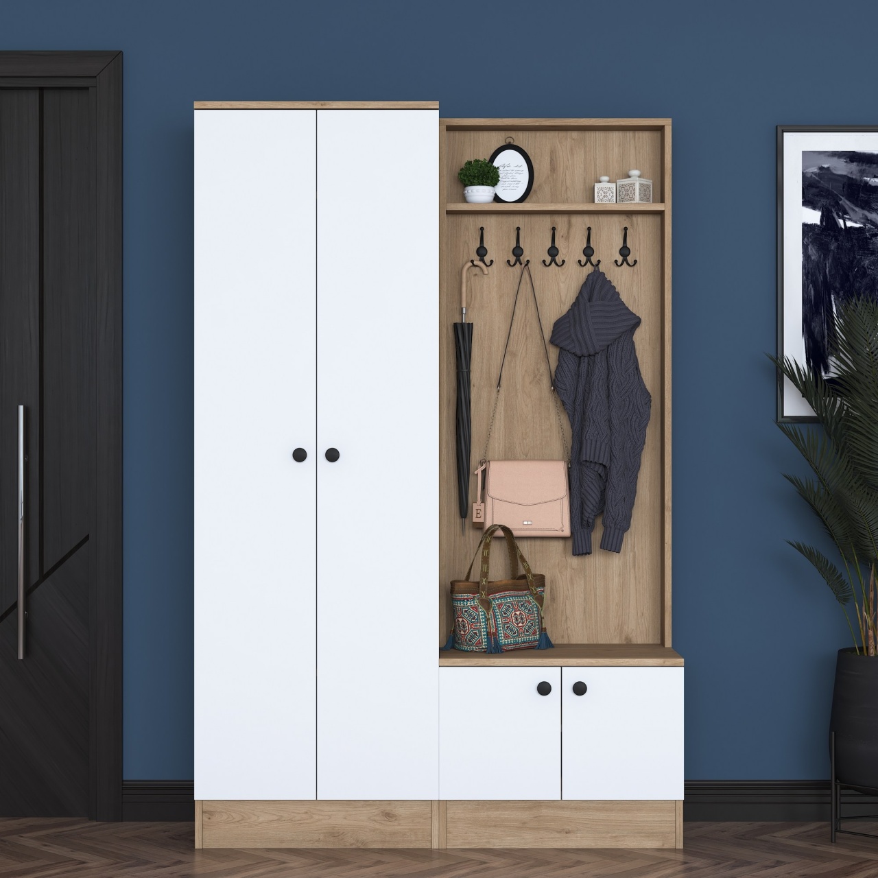 Stand de hol, P6 M5, UnicUtil, Alb-Nuc,Lățime: 119,6 cm, Înălțime: 182,8 cm, Adâncime: 35,5 cm - view 3