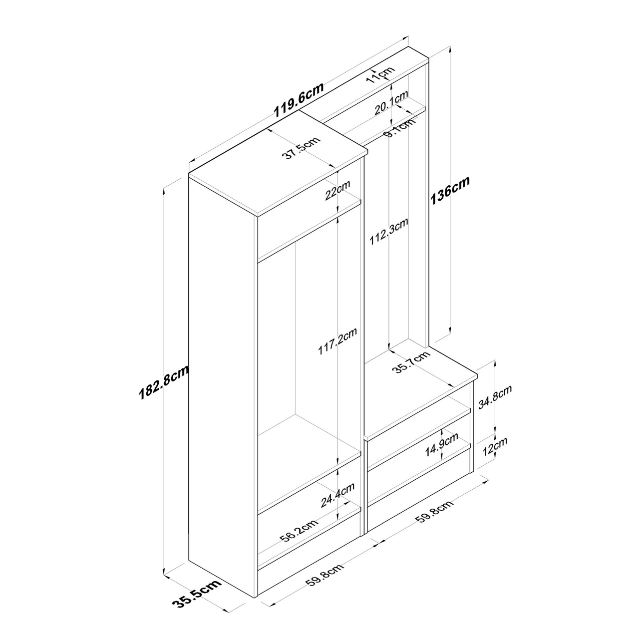 Stand de hol, P6 M5, UnicUtil, Alb-Nuc,Lățime: 119,6 cm, Înălțime: 182,8 cm, Adâncime: 35,5 cm - view 9