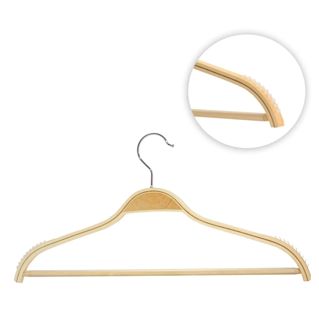 Umeraș din lemn cu margini de cauciuc anti-alunecare, pentru tricouri și bară pentru pantaloni, Natur, 1 bucata - imagine 3