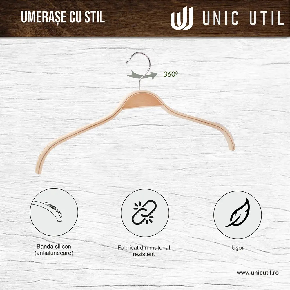 Umeraș din lemn cu margini de cauciuc anti-alunecare, pentru tricouri, Natur, 1 bucata - imagine 6