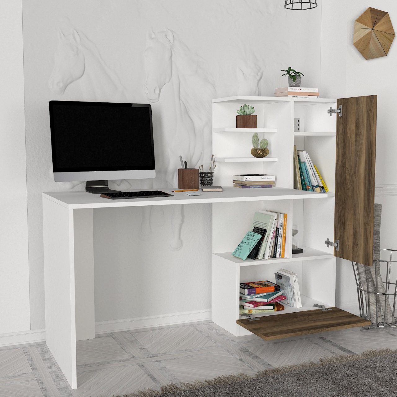 Birou, Smart BrownSpace, UnicUtil, 149.5 x 61.8 x 120 cm, Alb si Maro, UUDESK26 - 2 | YEO