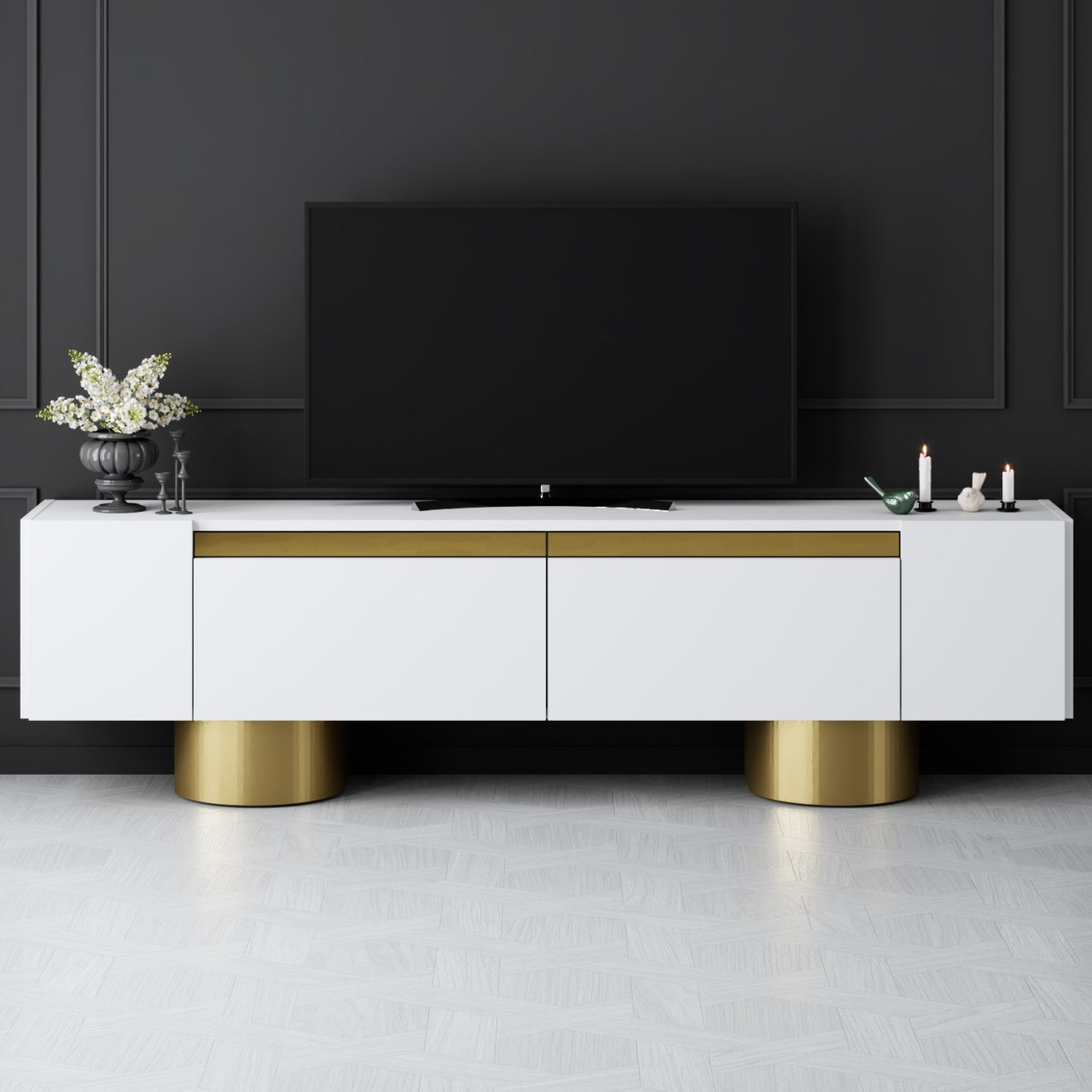 Comoda TV, Bohem White, UnicUtil, Alb-Auriu, Lățime: 180 cm, Înălțime: 50 cm, Adâncime: 30 cm - imagine 2