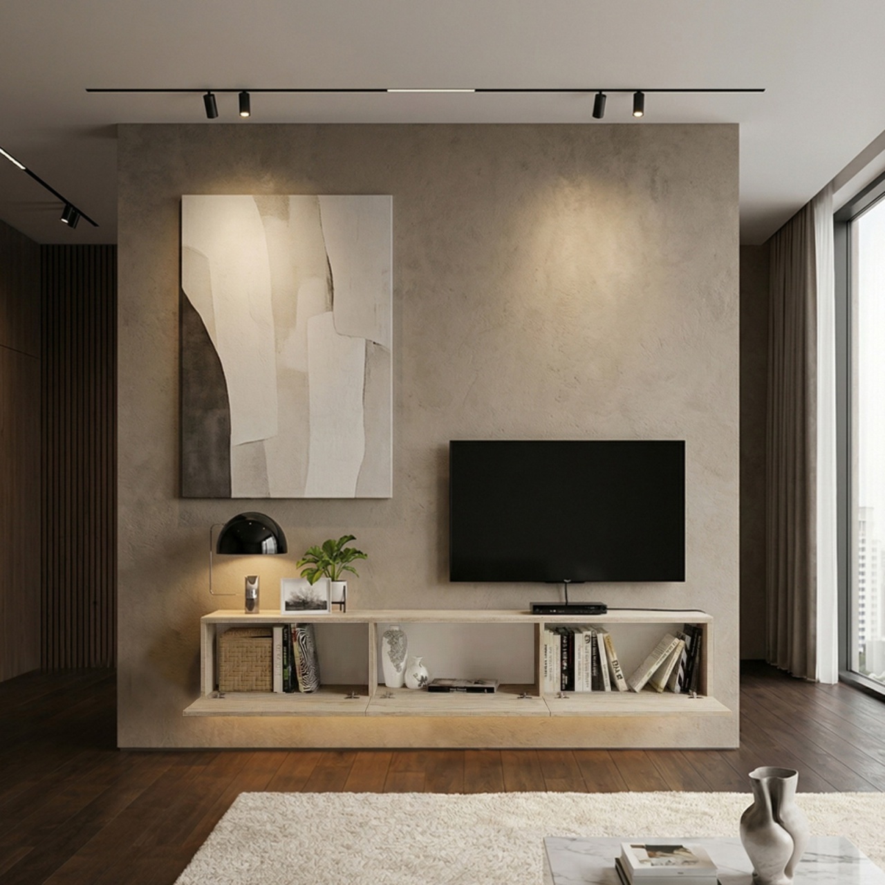 Comodă TV Damla, UNICUTIL, finisaj travertin și iluminare LED, pentru living modern - imagine 4