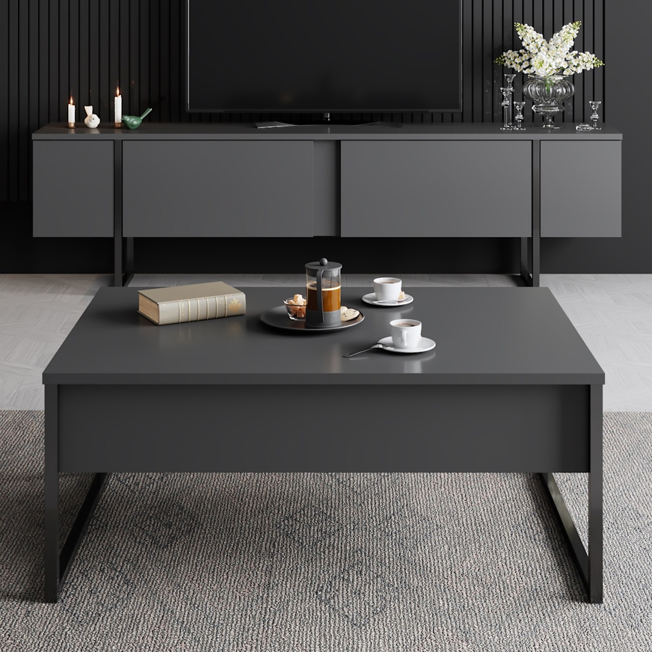Comoda TV, Luxe Anthracite, UnicUtil, Antracit-Negru, Lățime: 180 cm, Adâncime: 30 cm, Înălțime: 50 cm - view 4
