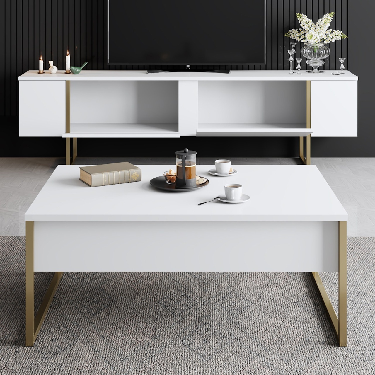 Comoda TV, Luxe White, UnicUtil, Alb-Auriu, Lățime: Lățime: 180 cm, Adâncime: 30 cm, Înălțime: 50 cm - view 5