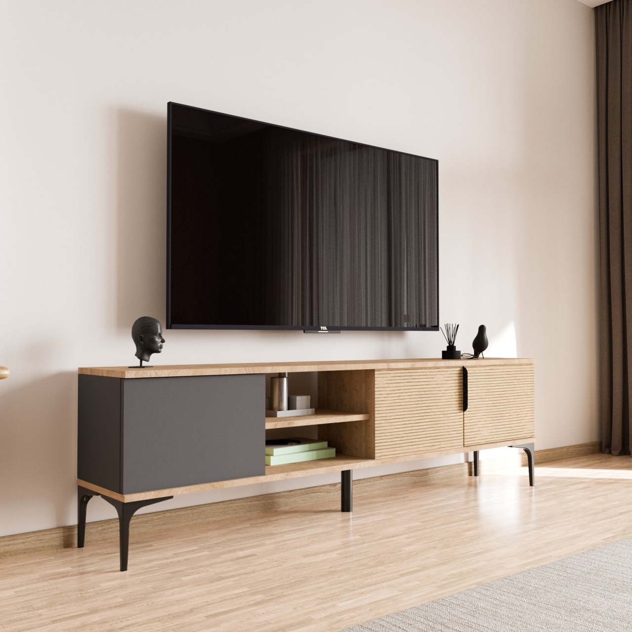 Comoda TV, Tarz Anthracite, UnicUtil, Antracit-Stejar, Lățime: 180 cm, Înălțime: 49 cm, Adâncime: 33 cm - view 6