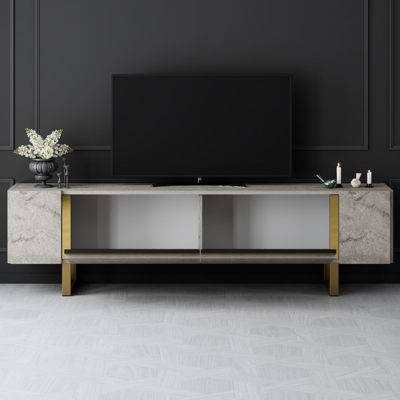 Comoda TV, Yildiz Travertine, UnicUtil, Travertin-Auriu,Lățime: 180 cm, Înălțime: 50 cm, Adâncime: 30 cm - imagine 3