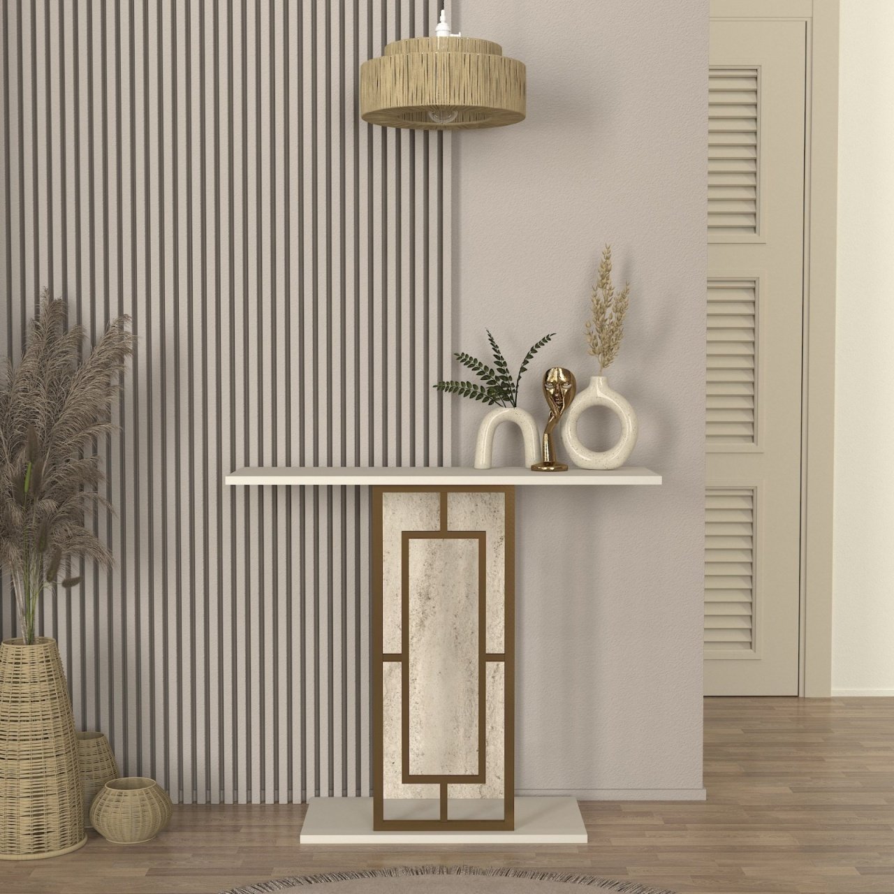 Masă decorativă Alderas din pal melaminat finisaj travertin – design elegant pentru spații moderne, 90 x 29.6 x 76.8 cm, UUORG57 - 1 | YEO