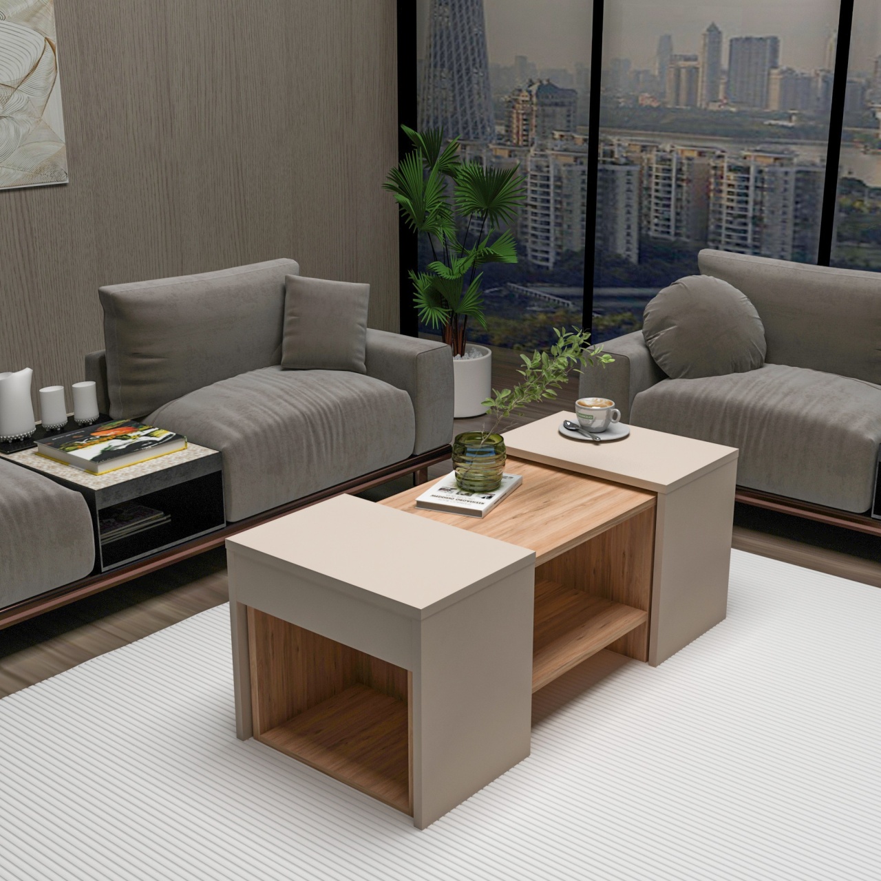 Set de măsuțe de cafea, Sartos Atlantic, UnicUtil, Pin Atlantic-Bej, Lățime: 100 cm, Înălțime: 37 cm, Adâncime: 40 cm - view 2