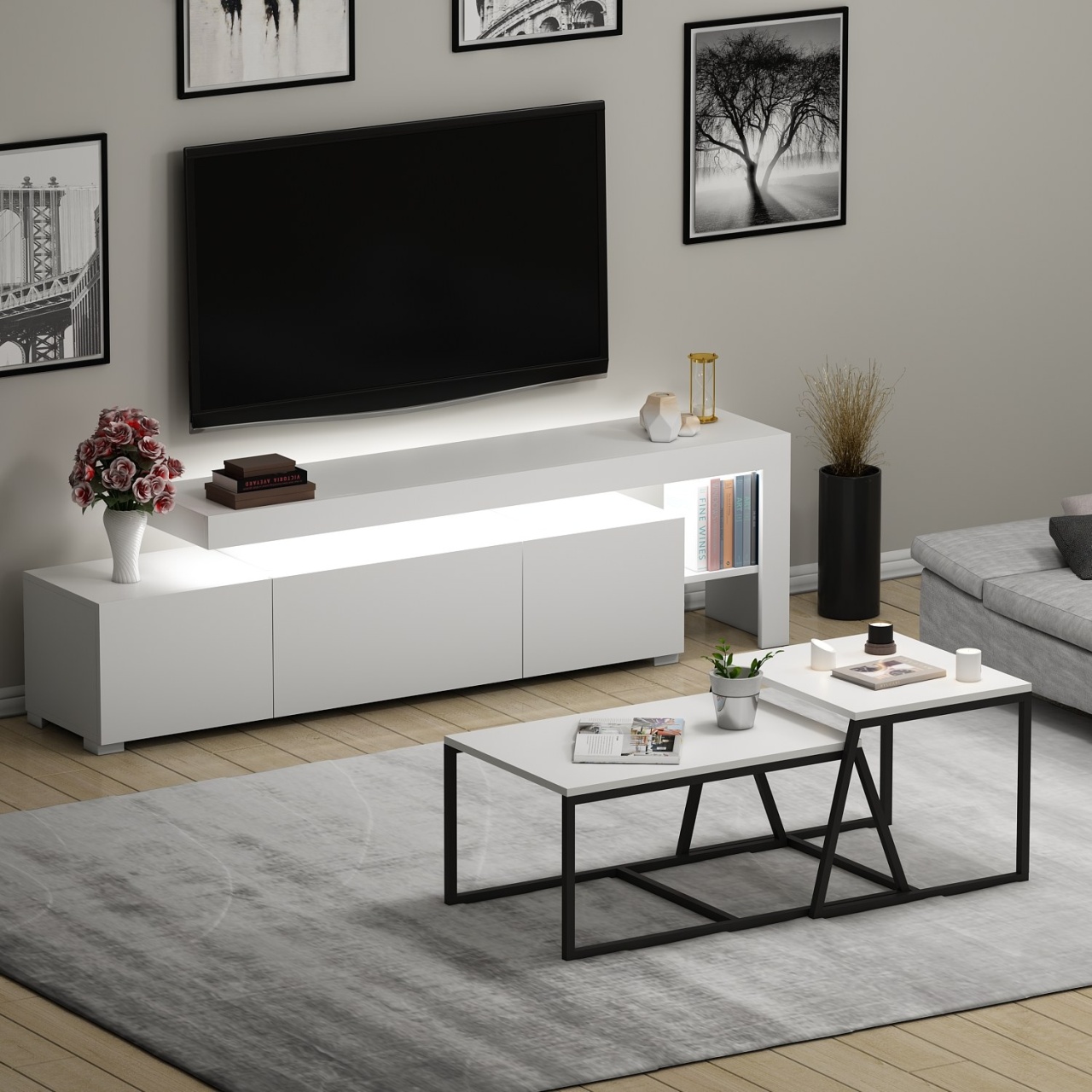 Set de mobilier pentru living, Beliz White, UnicUtil, Alb, Lățime: 192 cm, Înălțime: 53 cm, Adâncime: 37 cm - view 2