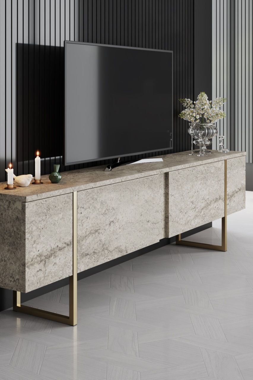 Set de mobilier pentru living, Luxe Set, UnicUtil, Travertin-Auriu, Comodă TV + Masa de cafea - view 2