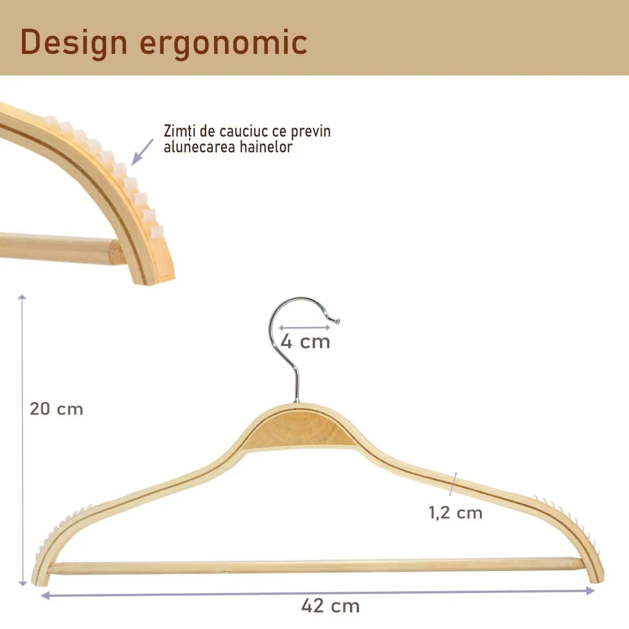 Umeraș din lemn cu margini de cauciuc anti-alunecare, pentru tricouri și bară pentru pantaloni, Natur, 1 bucata - imagine 4