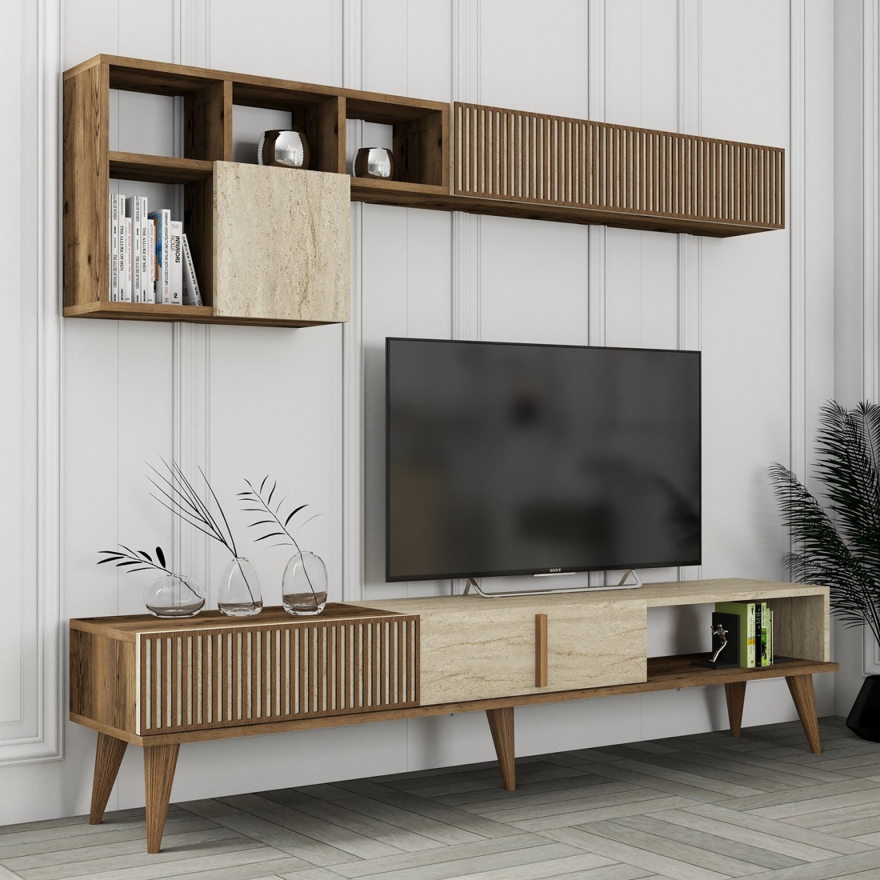 Unitate TV, Milan Walnut, UnicUtil, Nuc-Travertin, Lățime: 180 cm, Înălțime: 40 cm, Adâncime: 35 cm - view 4