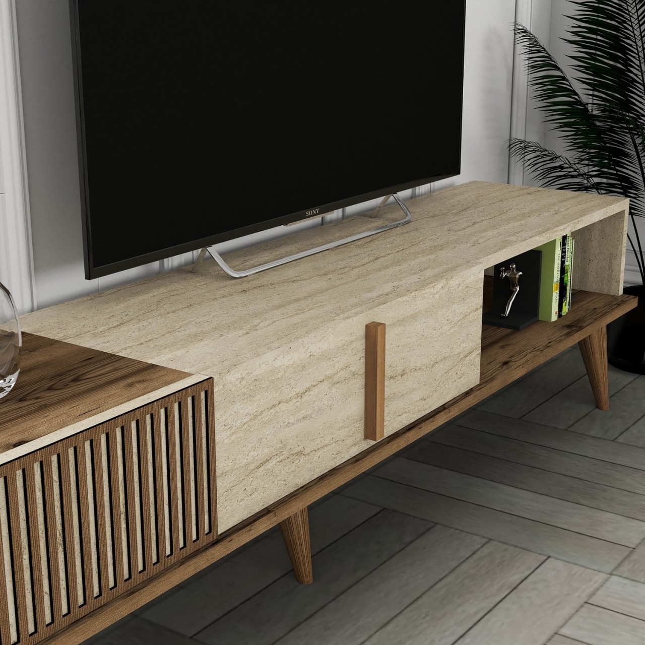Unitate TV, Milan Walnut, UnicUtil, Nuc-Travertin, Lățime: 180 cm, Înălțime: 40 cm, Adâncime: 35 cm - view 5