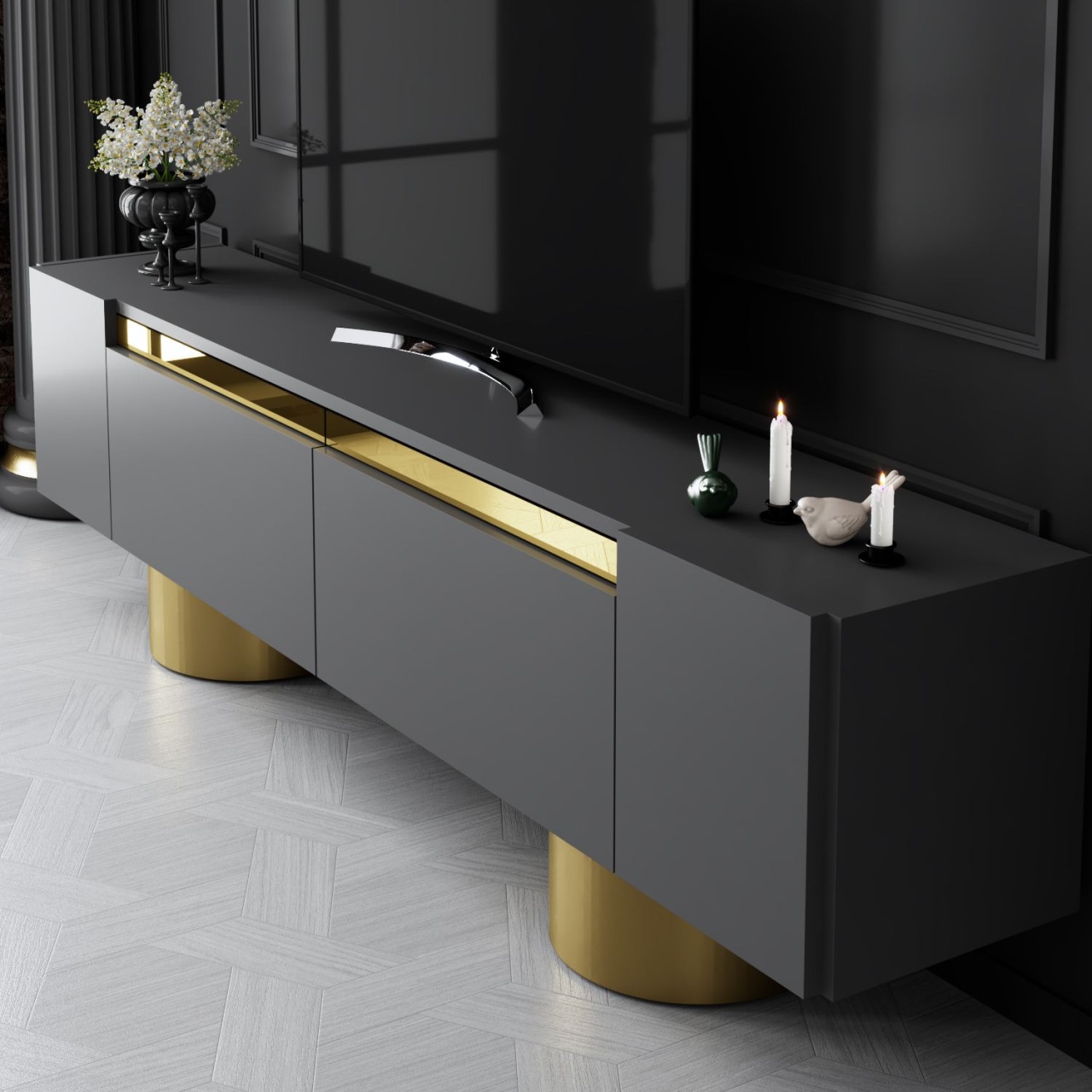 Comoda TV, Bohem Anthracite, UnicUtil, Antracit-Auriu, Lățime: 180 cm, Înălțime: 50 cm, Adâncime: 30 cm - imagine 4