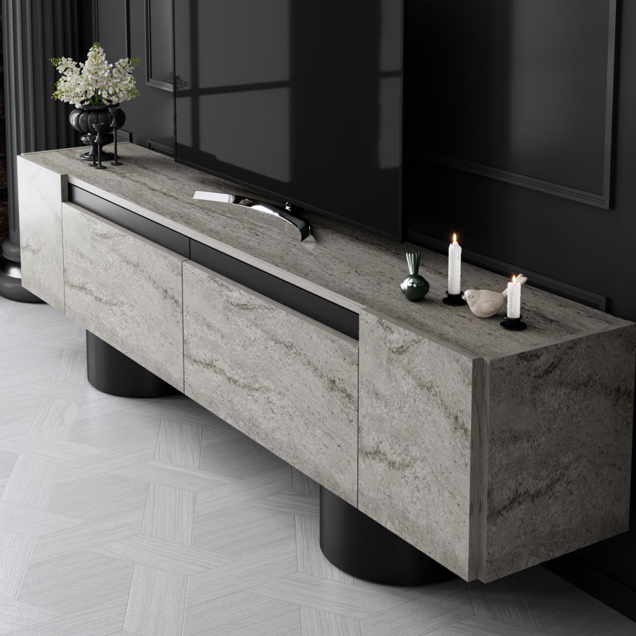 Comoda TV, Bohem Travertine, UnicUtil, Travertin-Negru, Lățime: 180 cm, Înălțime: 50 cm, Adâncime: 30 cm - view 4