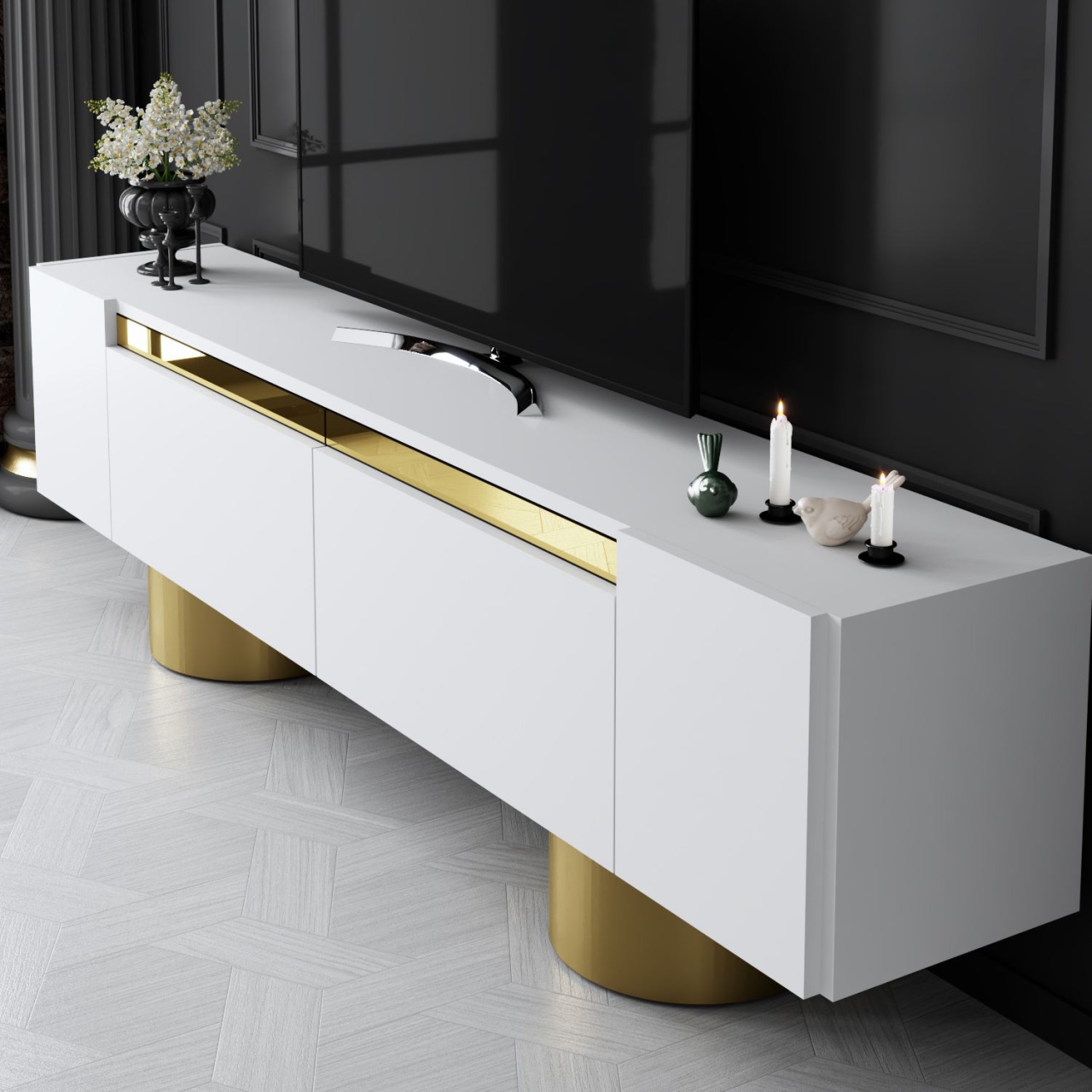 Comoda TV, Bohem White, UnicUtil, Alb-Auriu, Lățime: 180 cm, Înălțime: 50 cm, Adâncime: 30 cm - imagine 4