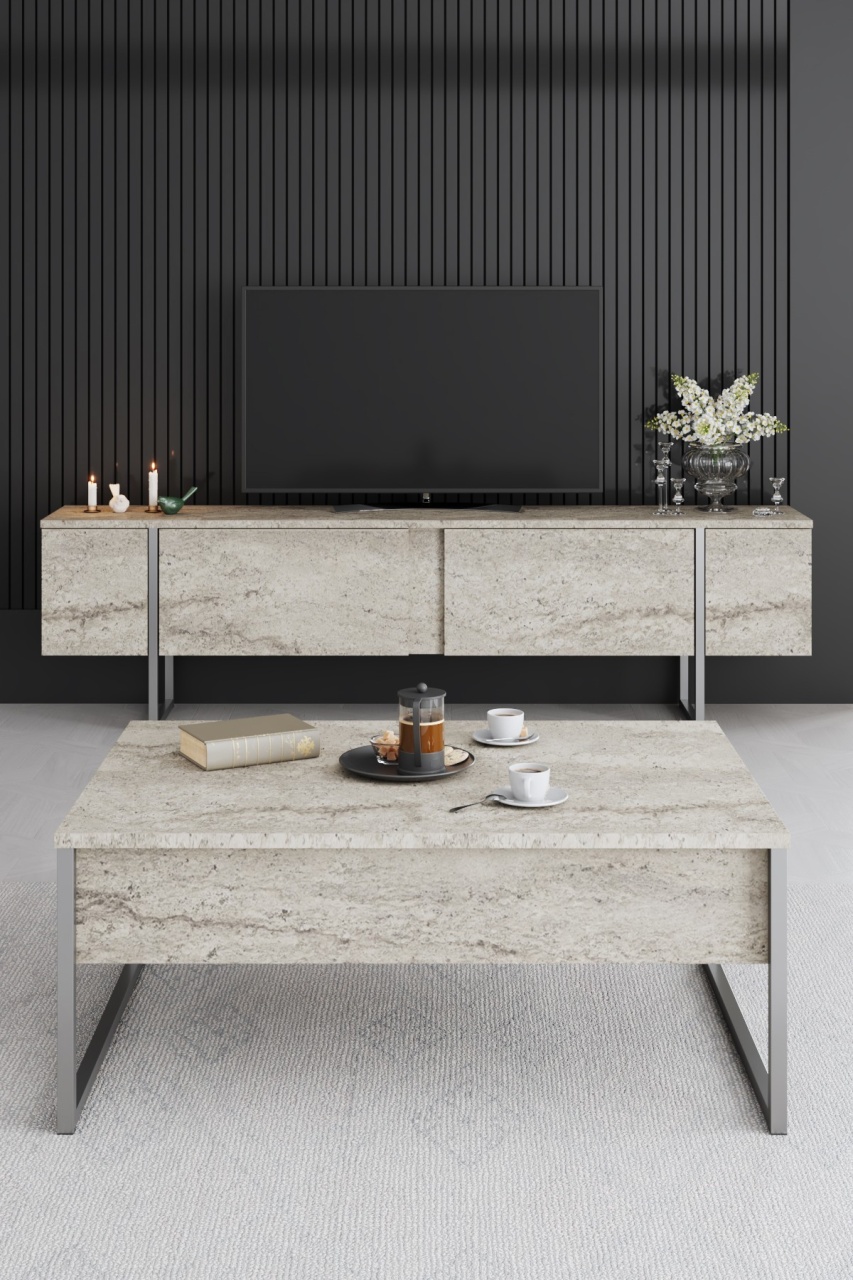 Comoda TV, Luxe Travertine, UnicUtil, Travertin-Argint, Lățime: 180 cm, Înălțime: 50 cm, Adâncime: 30 cm, 618BLY1255 - view 3