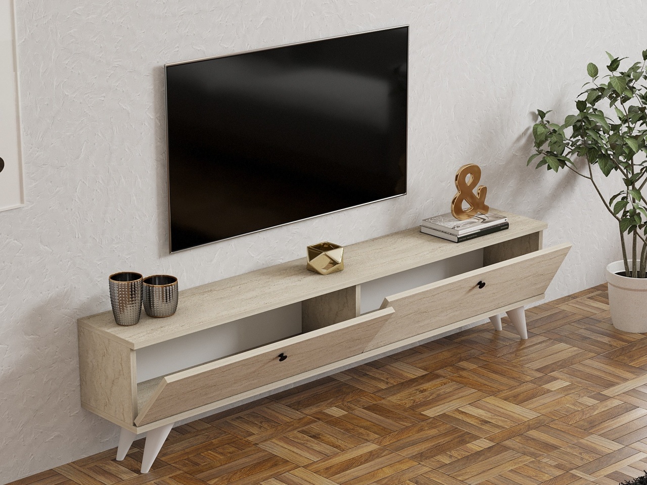 Comoda TV, Paris Travertine, UnicUtil, Travertin, Lățime: 160 cm, Înălțime: 40 cm, Adâncime: 25 cm - imagine 5