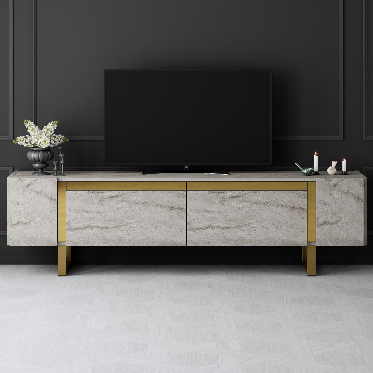Comoda TV, Yildiz Travertine, UnicUtil, Travertin-Auriu,Lățime: 180 cm, Înălțime: 50 cm, Adâncime: 30 cm - imagine 2