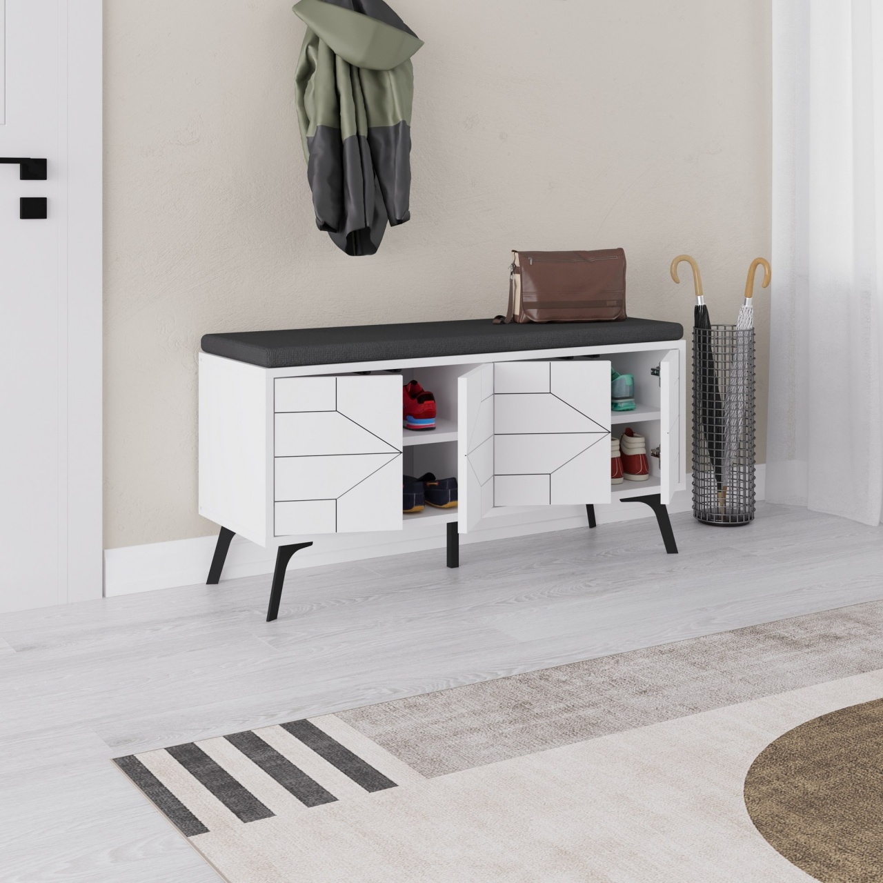 Dulap pentru pantofi, Dune Bench, UnicUtil, Alb, Lățime: 107 cm, Înălțime: 55 cm, Adâncime: 35 cm - view 5