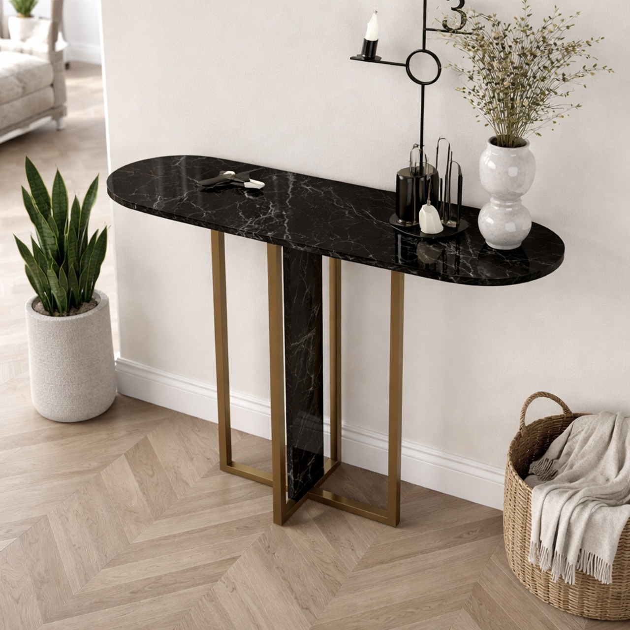 Masă decorativă Boressi din pal melaminat cu finisaj Black Marble – eleganță modernă pentru interior rafinat, 90 x 29.6 x 75 cm - view 3