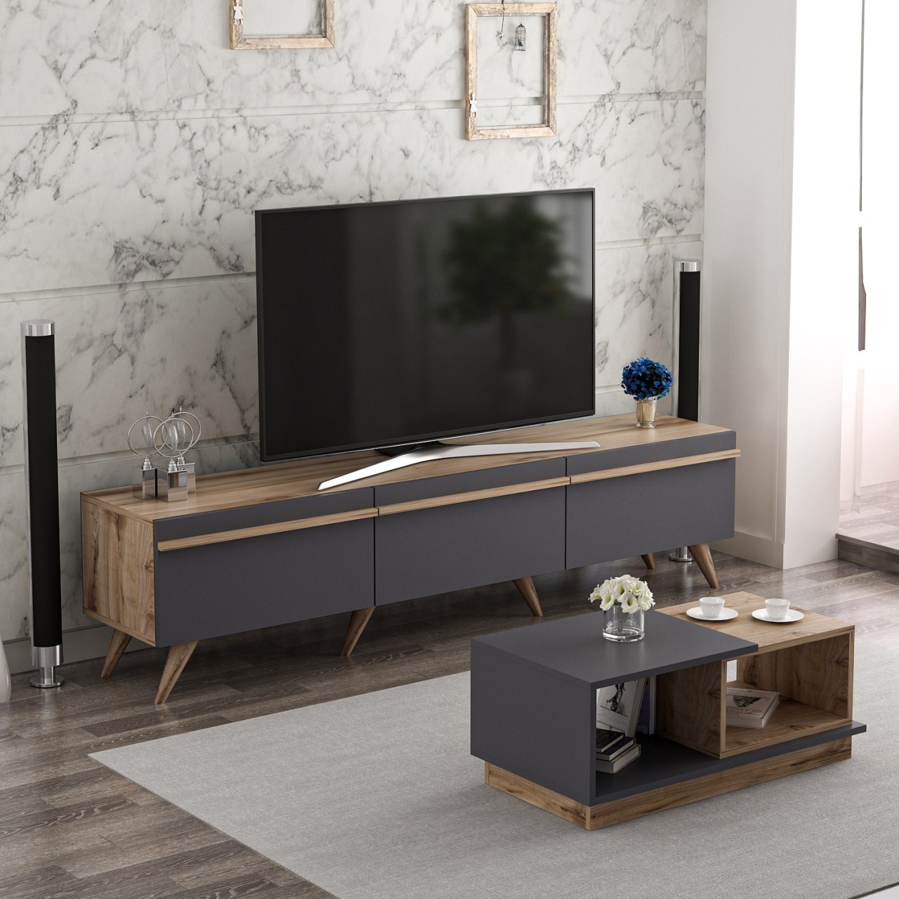 Set de mobilier pentru living, Amsterdam Design, UnicUtil, Antracit-Nuc, Comodă TV: Lățime: 180 cm, Înălțime: 42 cm, Adâncime: 35 cm - view 6