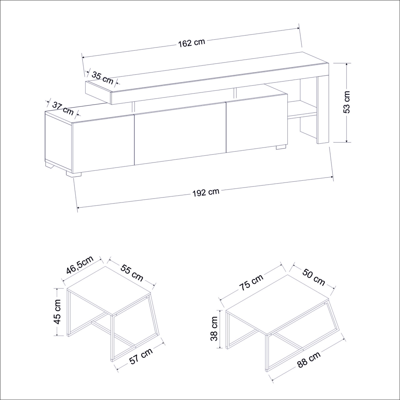 Set de mobilier pentru living, Beliz White, UnicUtil, Alb, Lățime: 192 cm, Înălțime: 53 cm, Adâncime: 37 cm - view 7