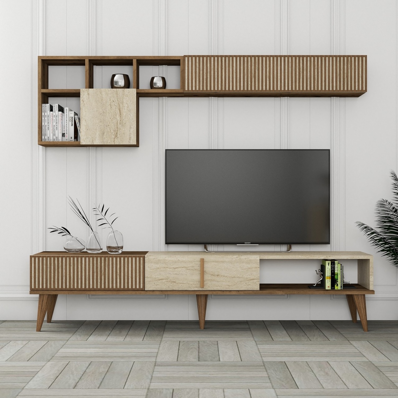 Set de mobilier pentru living, Milan Walnut, UnicUtil, Nuc-Travertin, Lățime: 180 cm, Înălțime: 40 cm, Adâncime: 35 cm - view 2