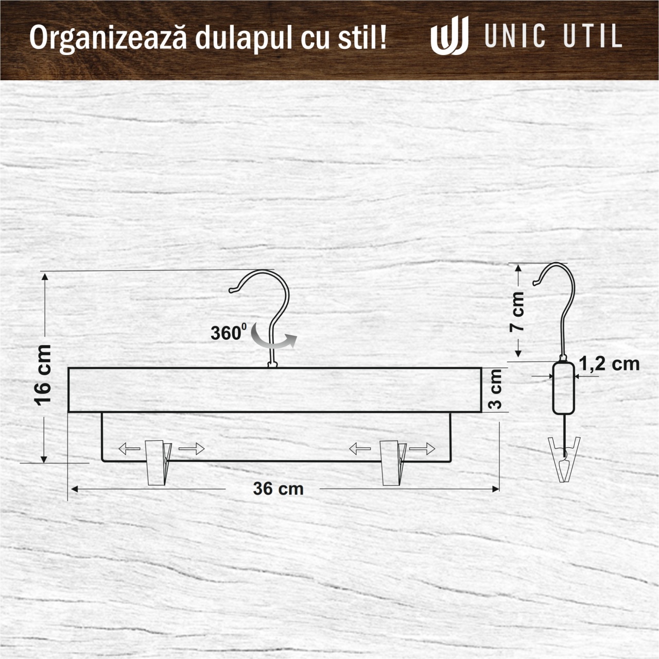 Umeraș din lemn cu clipsuri pentru pantaloni si fuste, Negru, 1 bucata - imagine 9