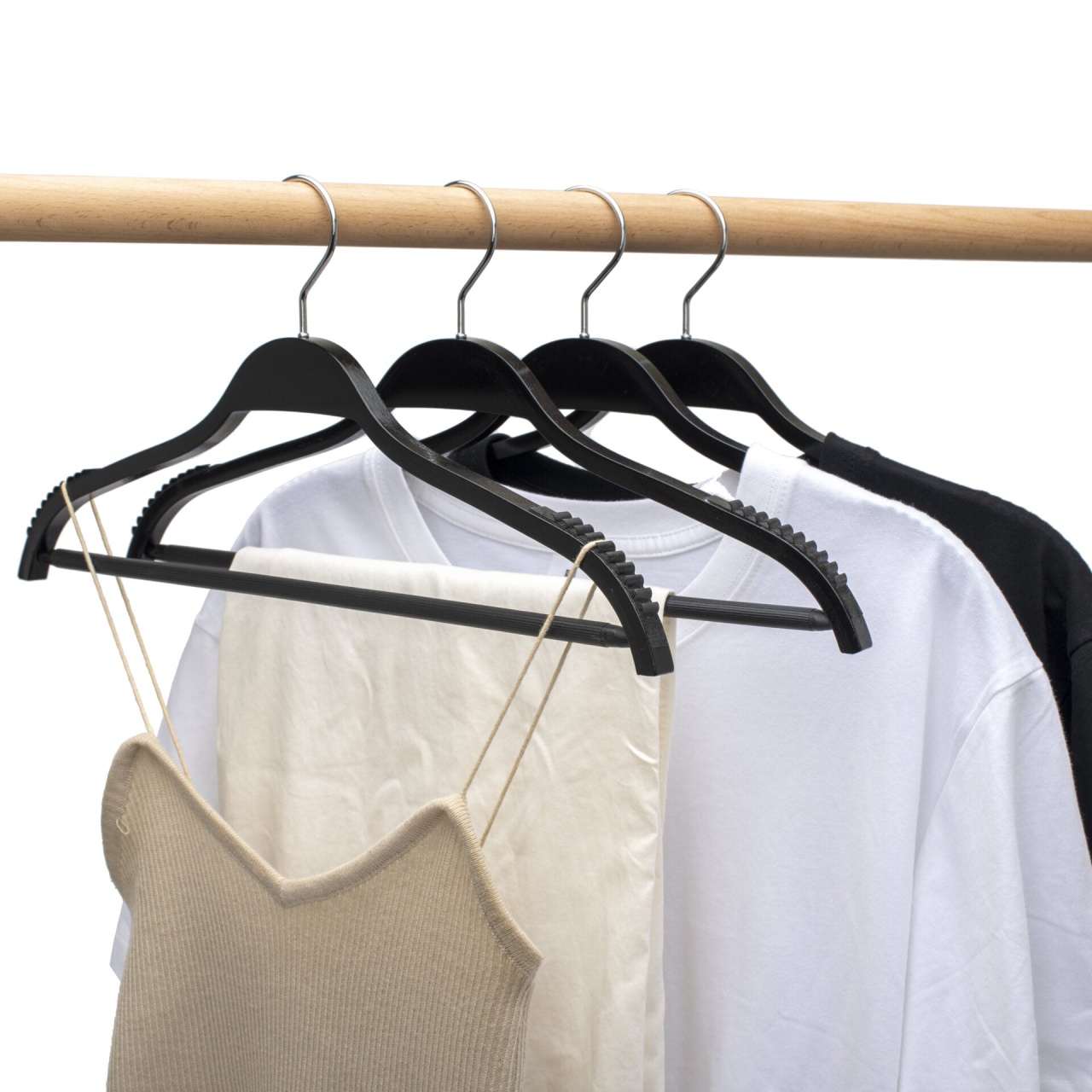 Umeraș din lemn, cu margini de cauciuc anti-alunecare, bara pentru pantaloni si design modern, Negru, 1 bucata - imagine 2