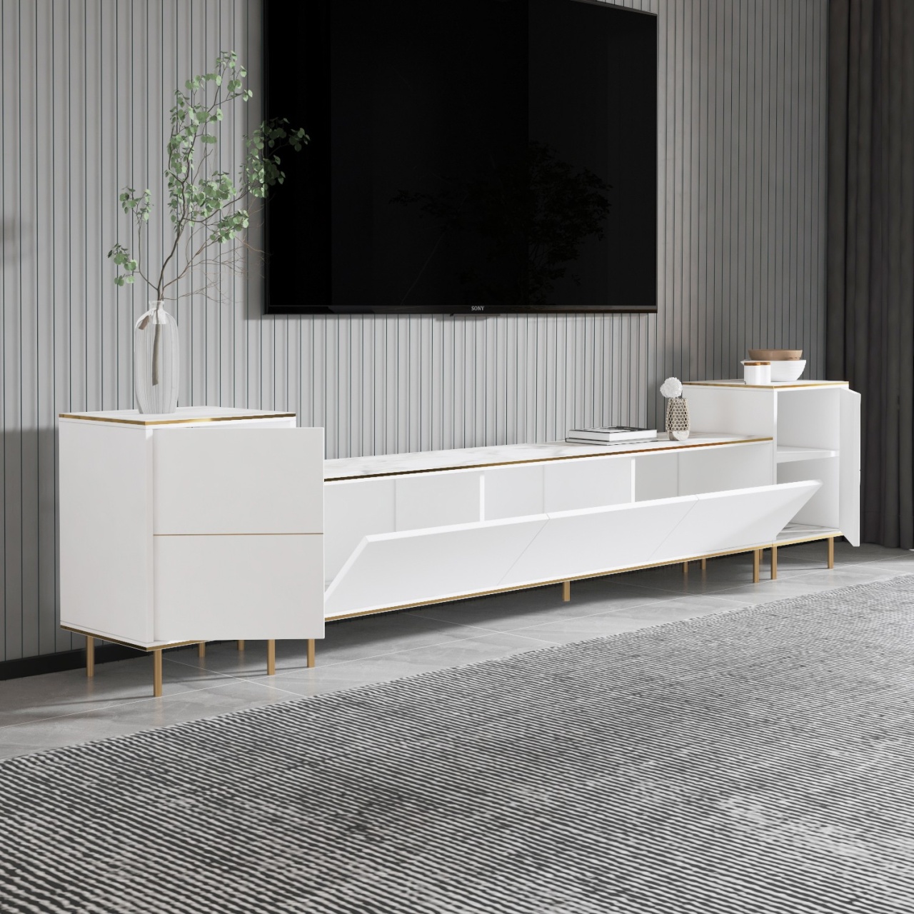 Unitate TV, Imaj Marble, UnicUtil, Marmură albă-Auriu, Lățime: 180 cm, Înălțime: 45,2 cm, Adâncime: 35 cm - view 4