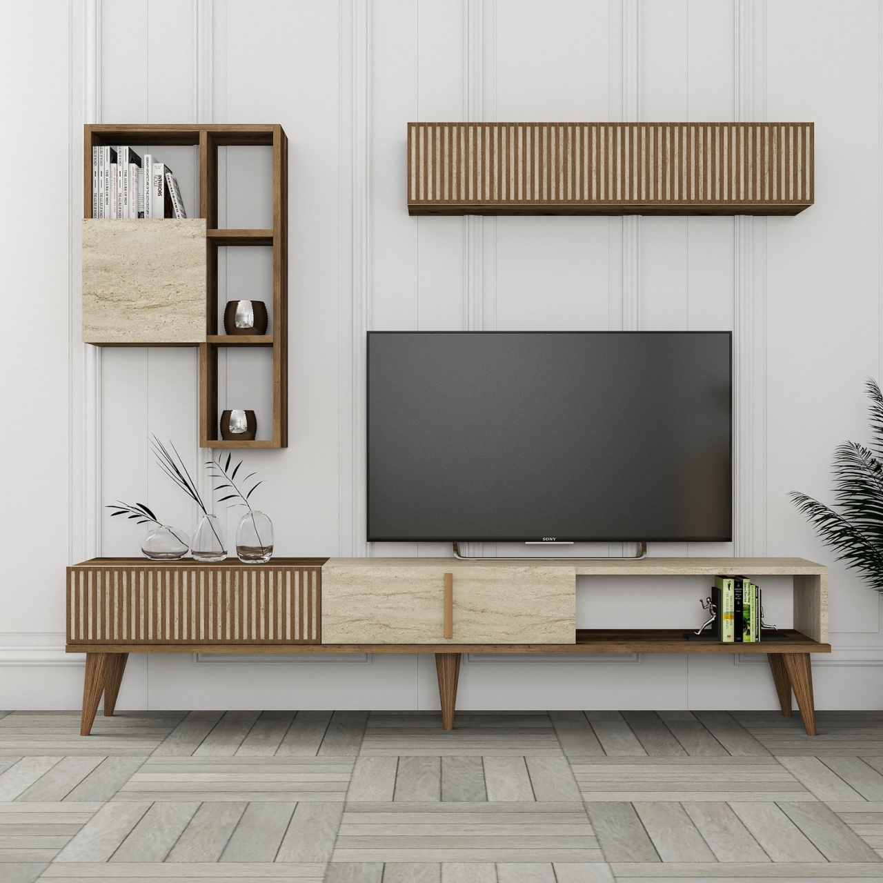 Unitate TV, Milan Walnut, UnicUtil, Nuc-Travertin, Lățime: 180 cm, Înălțime: 40 cm, Adâncime: 35 cm - view 3