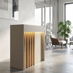 Birou recepție Karibu din pal melaminat, culoare Sandstone - Crem Nisipiu cu iluminare LED – modern și sofisticat, 90 x 40 x 110.3 cm - Img 3