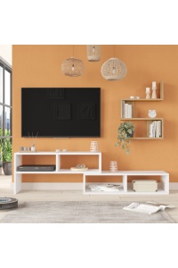 Comodă TV cu rafturi, set 2 piese, 163 cm lungime, Alb-Rattan, PAL melaminat, UnicUtil