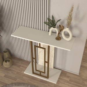 Masă decorativă Alderas din pal melaminat finisaj travertin – design elegant pentru spații moderne, 90 x 29.6 x 76.8 cm - Img 5