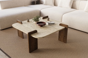 Măsuţă de cafea, Afrolli Travertine, UnicUtil, Travertin-Nuc, Lățime: 90 cm, Înălțime: 35 cm, Adâncime: 90 cm