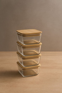 Set recipiente depozitare din sticla cu capac din bambus, 4 x 300 ml - Img 3