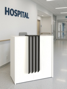 Biroul la recepția unui spital, pe un hol luminos