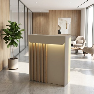 Birou recepție Karibu din pal melaminat, culoare Sandstone - Crem Nisipiu cu iluminare LED – modern și sofisticat, 90 x 40 x 110.3 cm - Img 4