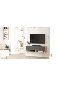Comodă TV cu uși și raft, 100x31.6x29.6 cm, Pin-Antracit, PAL melaminat, UnicUtil - Img 3