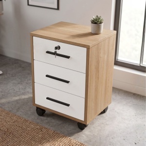 Noptiera cu 3 sertare UnicUtil Alb - Stejar cu sertar cu incuietoare 43 x 35 x 55 cm - Img 3