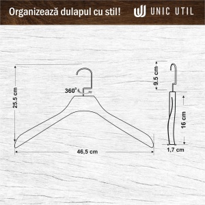 Umeraș de lux din lemn maro vintage cu cârlig rotativ, umeri lați și design modern, 1 bucata - Img 7