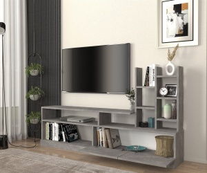 Comoda TV cu Biblioteca UnicUtil, 164 x 25 x 91 cm, Gri Beton, front PAL - Img 3
